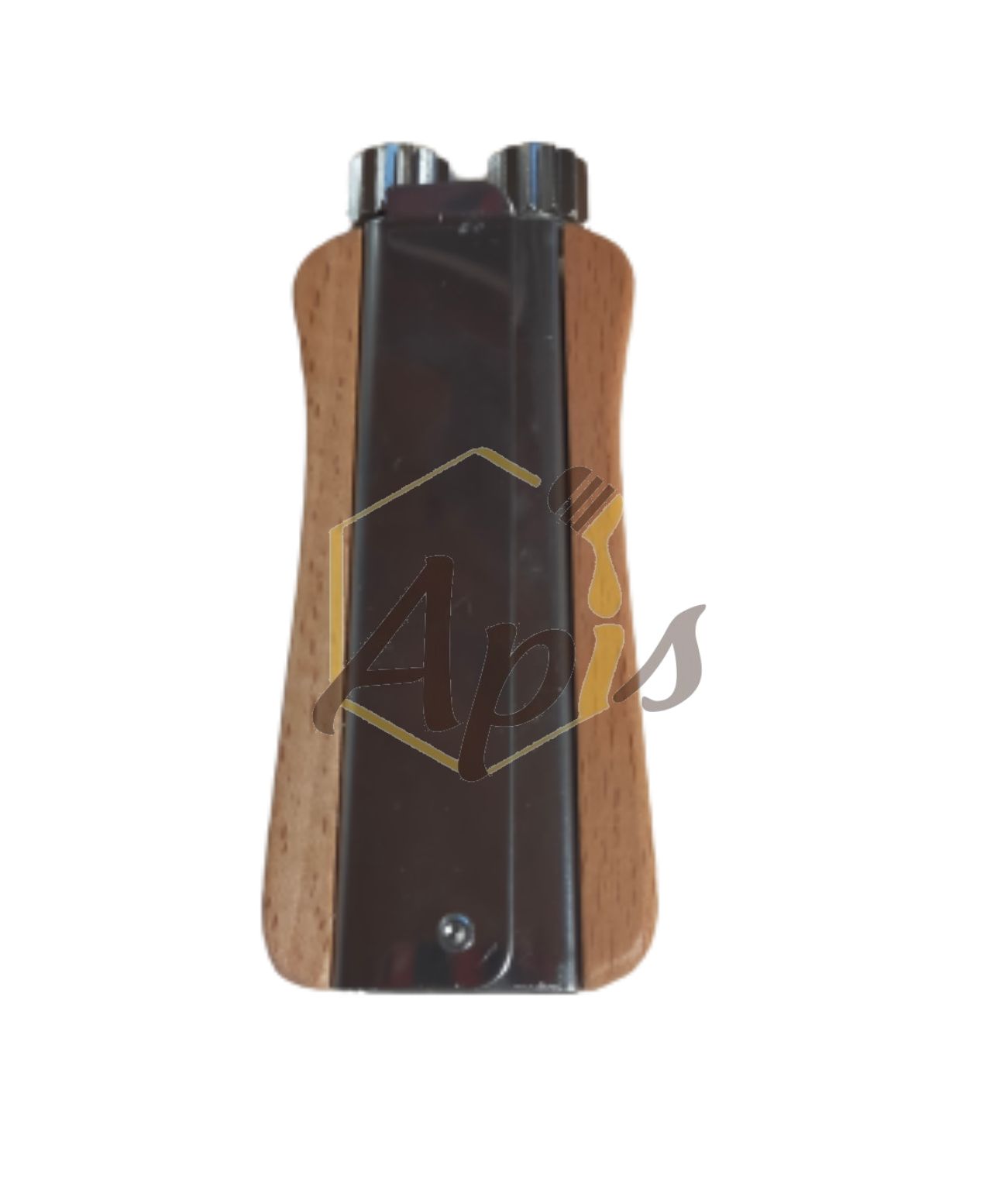 Accendino in legno e metallo con due ugelli. Pannelli in legno marrone con sezione centrale scura.