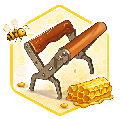 Un affumicatore per api accanto a un favo con un'ape, il tutto all'interno di una cornice esagonale gialla.