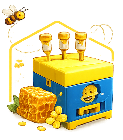 Arnia con tetto giallo, lati blu e tre beccucci per la raccolta del miele. Un'ape vola nelle vicinanze con un favo e un fiore.