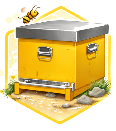 Alveare giallo con un'ape che vola nelle vicinanze.