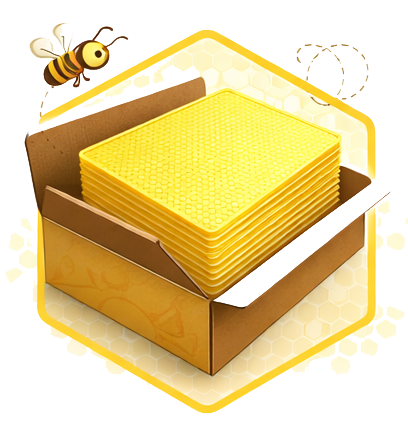 Scatola di cartone contenente una pila di fogli gialli a nido d'ape, con un'ape che vola nelle vicinanze.