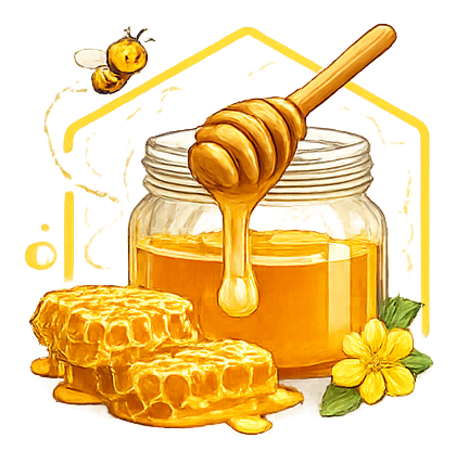 Barattolo di miele con mestolo di legno, favo, ape e fiore; tonalità gialle.