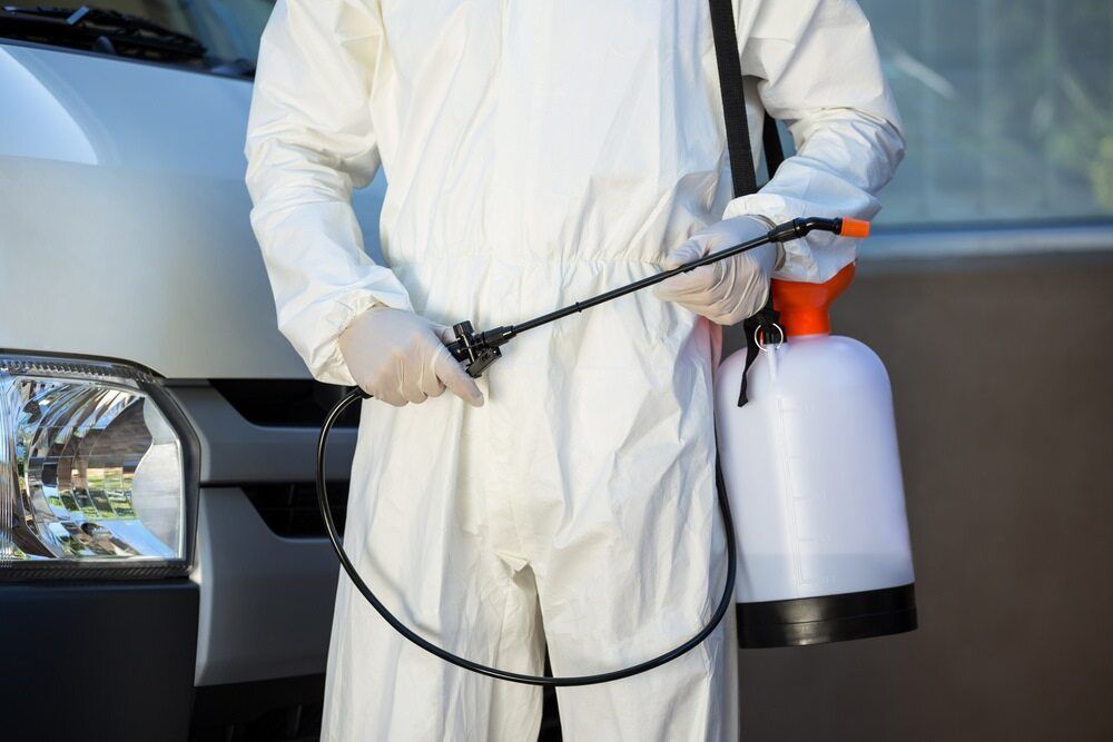 A Man in a Protective Suit is Holding a Sprayer in Front of a Van — Lighthouse Pest Control In Suffolk Park, NSW