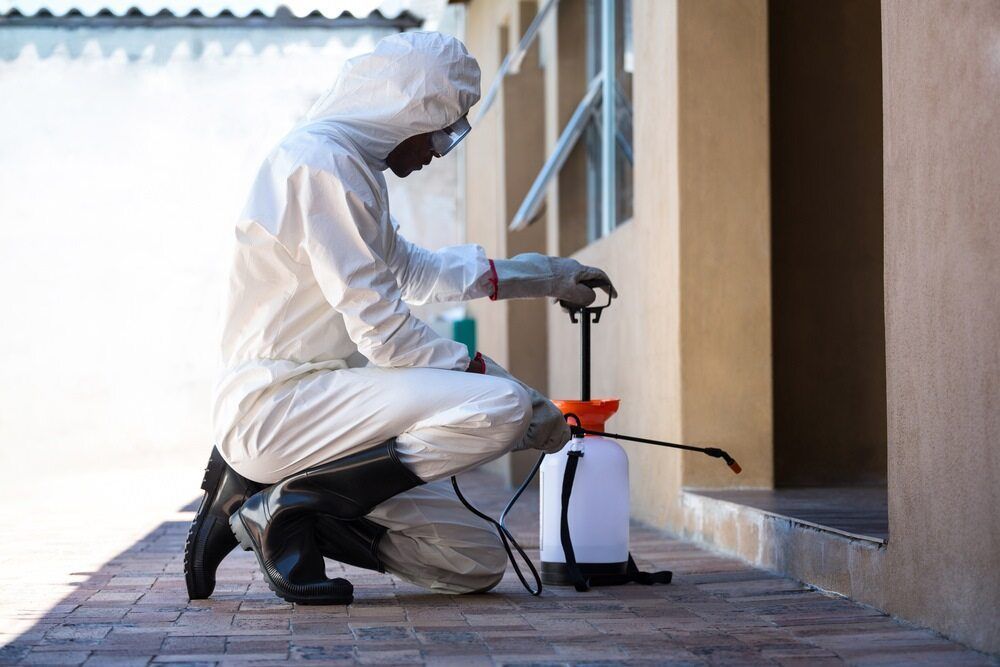 A Man in a Protective Suit is Spraying a House With a Sprayer — Lighthouse Pest Control In Ocean Shores, NSW