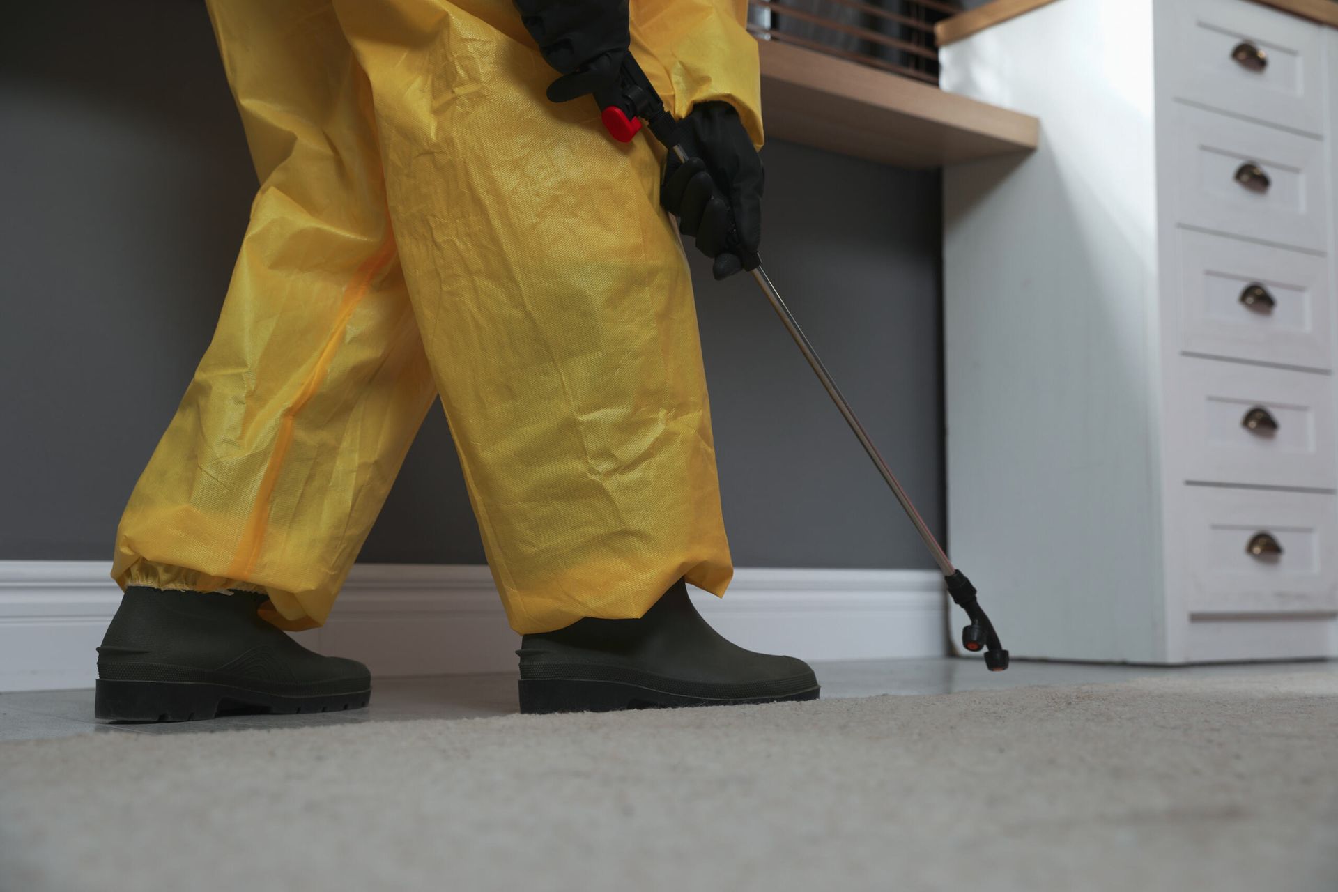 A Person in a Yellow Suit is Spraying a Room With a Sprayer — Lighthouse Pest Control In Mullumbimby, NSW