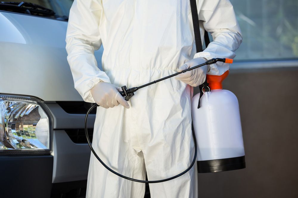 A Man in a Protective Suit is Holding a Sprayer in Front of a Van — Lighthouse Pest Control In Lennox Head, NSW