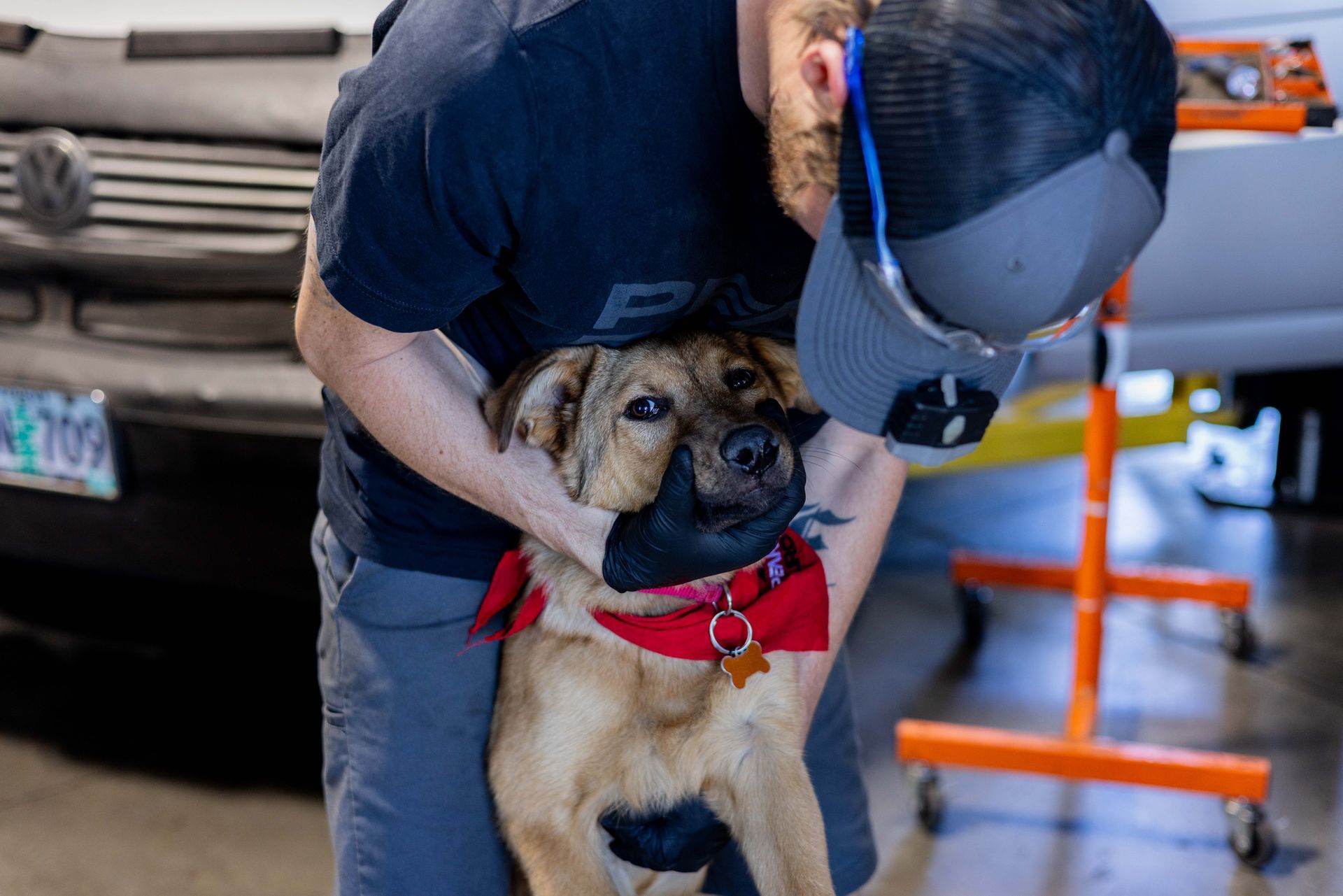 Man holding a dog with a red bandana in a garage. The dog looks at the camera.