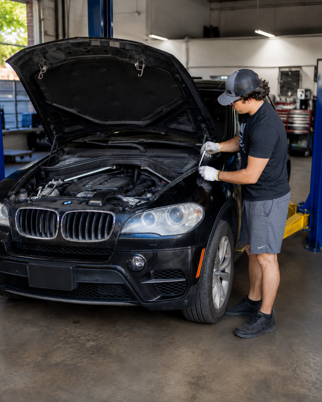 Mechanic inspecting BMW engine in auto repair garage during vehicle diagnostic and maintenance