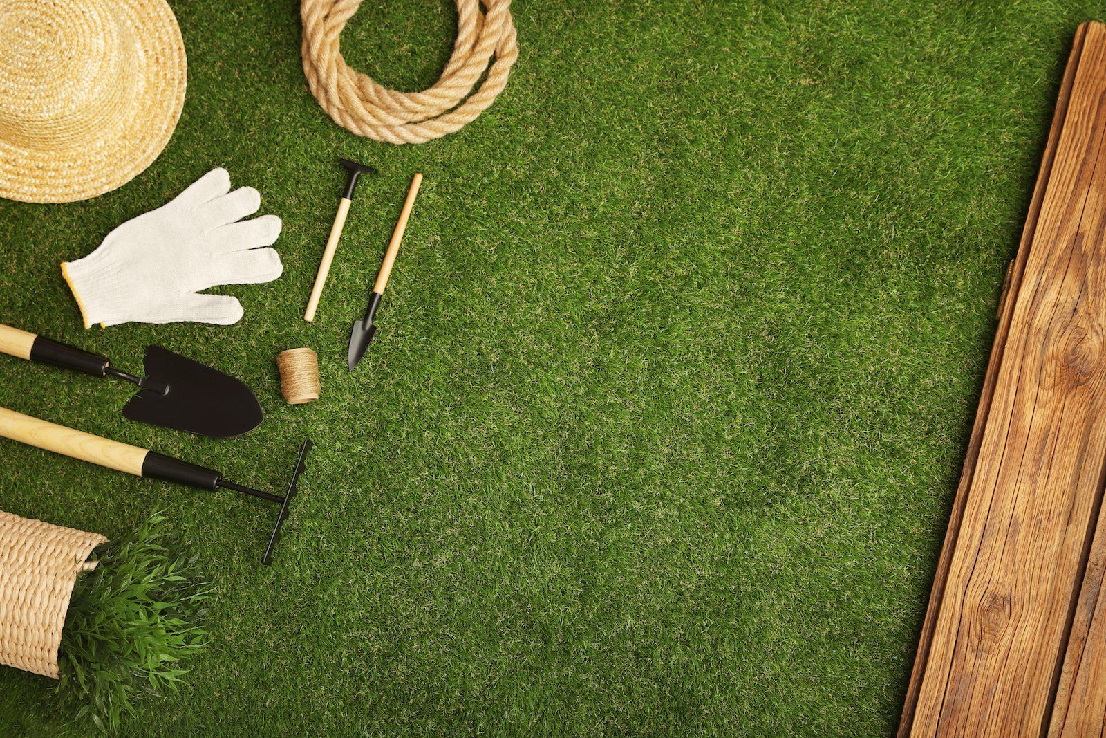 A bunch of gardening tools are laying on the grass.