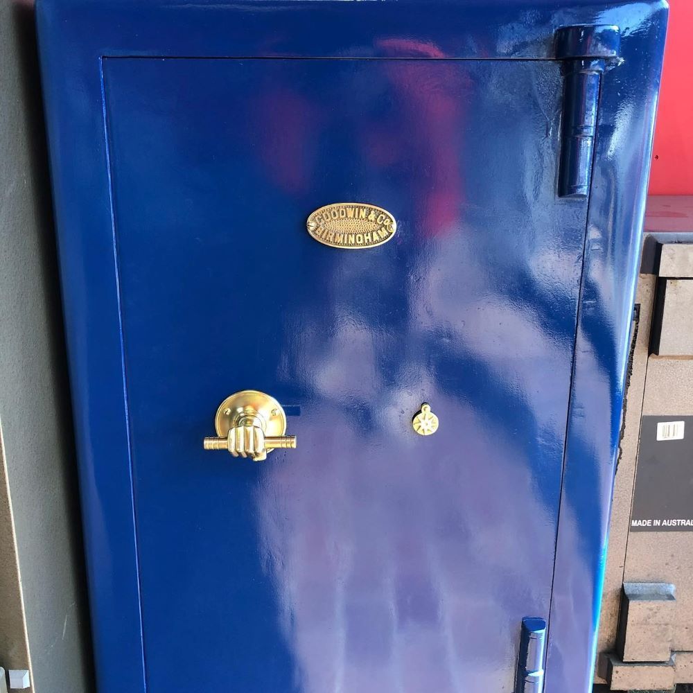 A Blue Safe with A Gold Handle — Toowoomba Locksmiths in Highfields, QLD