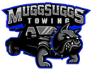 Muggsuggs Towing logo: Black tow truck with bulldog mascot; blue and white text on a blue background.