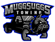 Muggsuggs Towing logo: Black tow truck with bulldog mascot; blue and white text on a blue background.