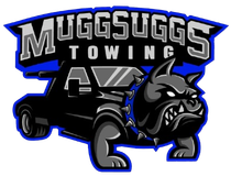 Muggsuggs Towing logo: Black tow truck with bulldog mascot; blue and white text on a blue background.
