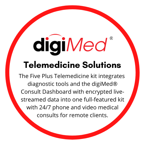 digigone digimed telemedicine solutions. The Five Plus portable telemedicine kit integrates diagnostic tools and the digimed consult dashboard with encrypted live stream data into one full featured kit with 24/7 phone and video medical consults for remote clients