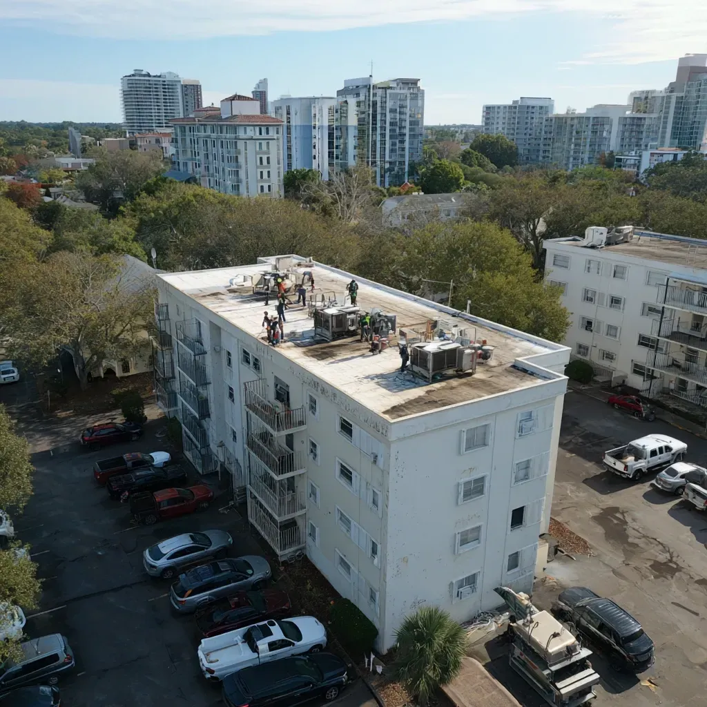 Roof edge, pipe penetration, and HVAC curb protection as part of commercial roof sealing in Tampa FL.