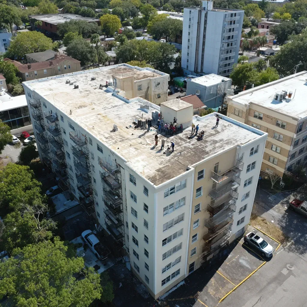 Commercial roof sealing in Tampa FL for EPDM rubber roofs using bonding primers and protective topcoats.