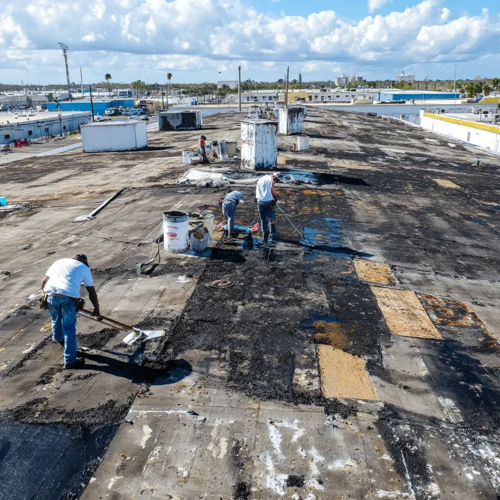 Seamless flat roofing in Tampa FL with self-adhering base layers and reflective UV coatings.