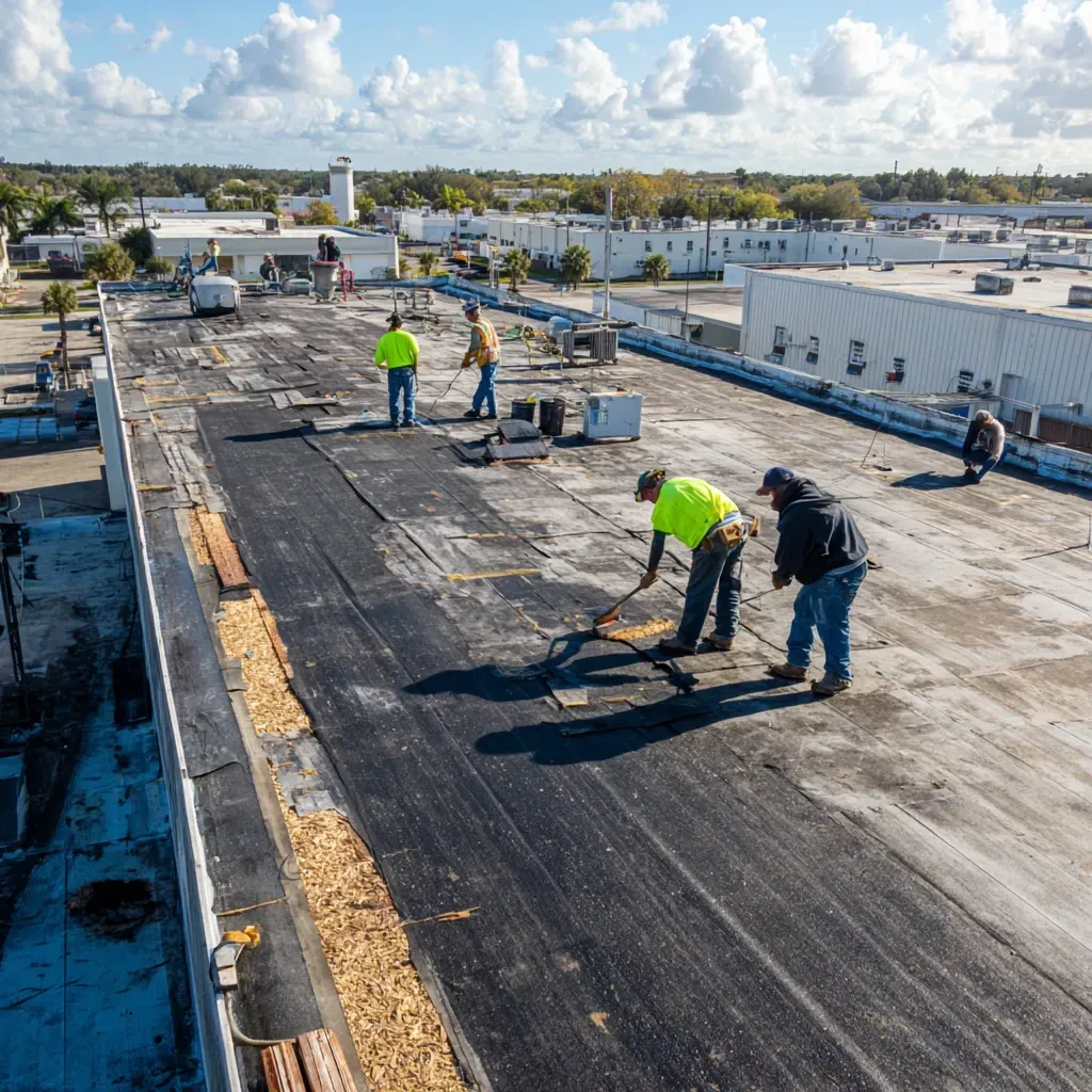 Modified bitumen commercial roofing in Tampa FL installed with hot-mopped or torch-down methods.