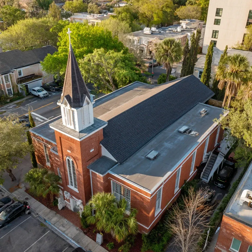 Mechanically fastened commercial flat roof installation in Tampa FL for large surface commercial buildings.