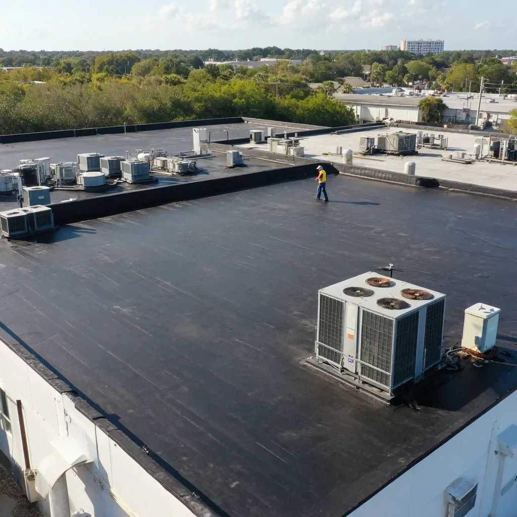 Acrylic roof coating systems used in commercial roof sealing in Tampa FL for reflectivity and mildew resistance.