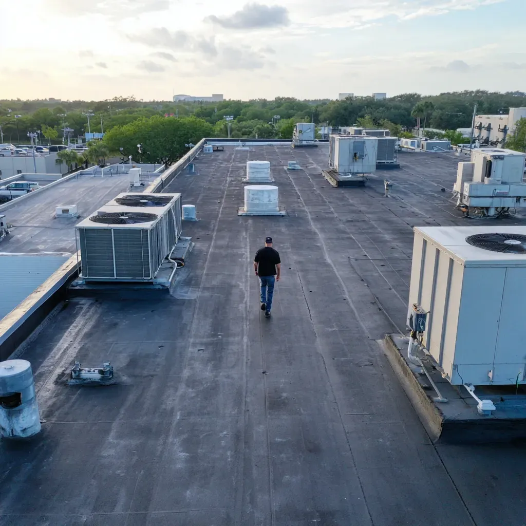 Commercial roof sealing in Tampa FL including drain detailing, edge flashing, and seam reinforcement.