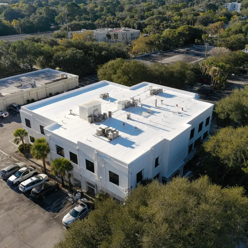 Commercial roofing in Tampa FL with reinforced membrane seams and hurricane uplift protection.