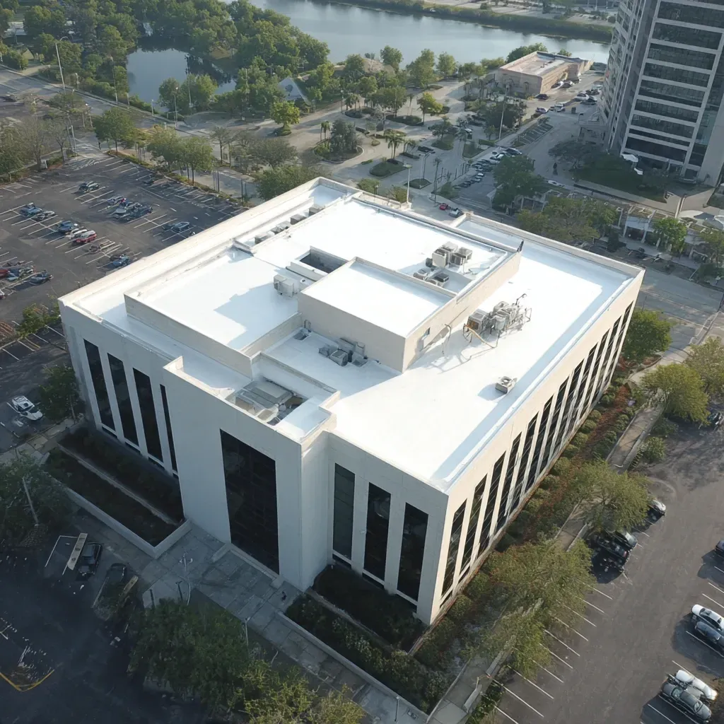 White PVC membrane commercial reflective roofing installation with hot-air welded seams.