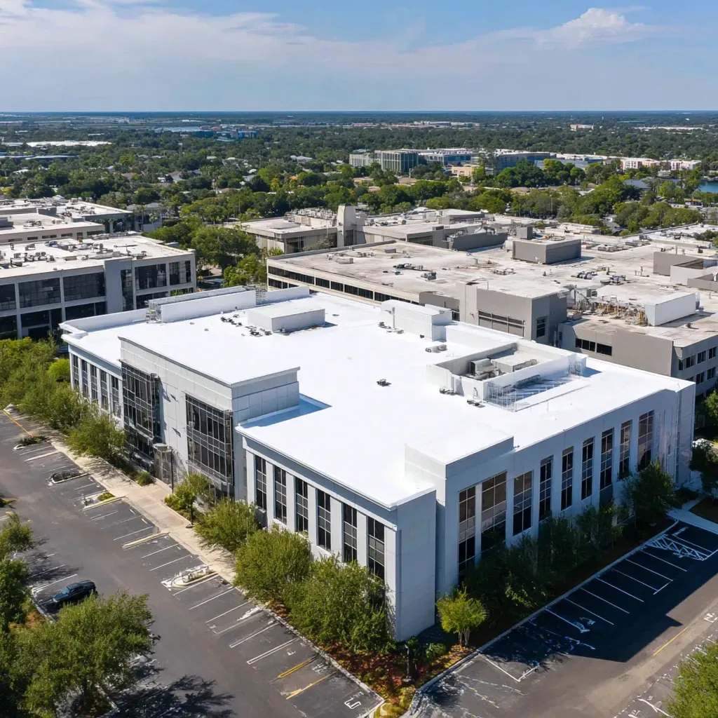 Commercial roof sealing in Tampa FL using silicone coatings for long-term leak protection and UV resistance.