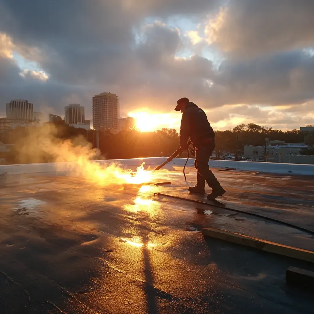 Long-lasting commercial reflective roofing installation with white membranes and UV-resistant coatings.