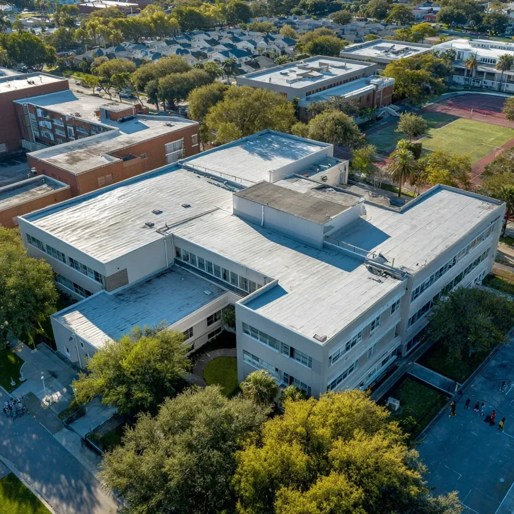 High-build commercial roof sealing in Tampa FL creating monolithic, waterproof roof surfaces.