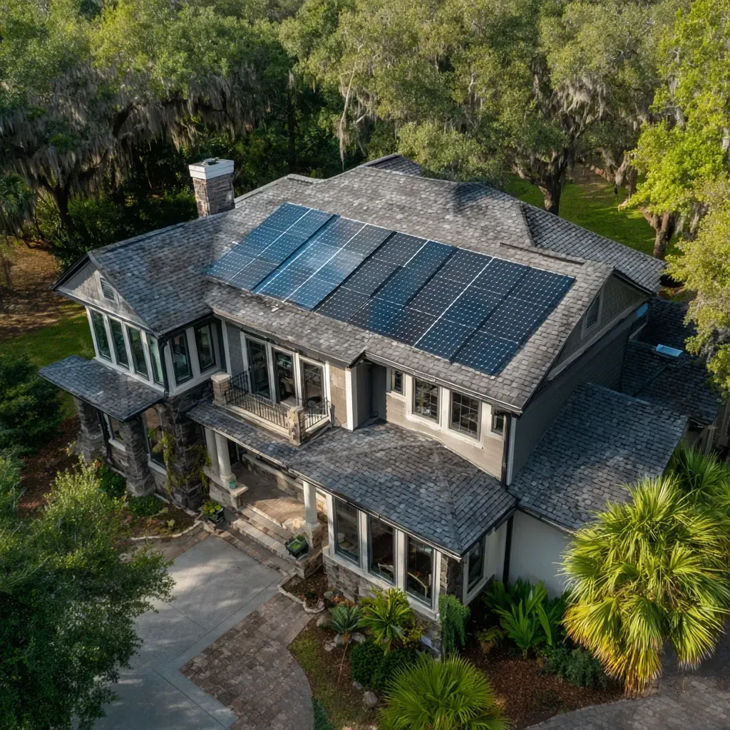 Energy-efficient solar roofing in Tampa FL installed using integrated solar panels and asphalt shingles.