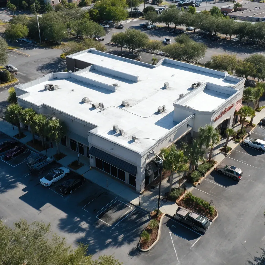 Modified bitumen commercial flat roof installation in Tampa FL with cold-applied or torch-down systems.