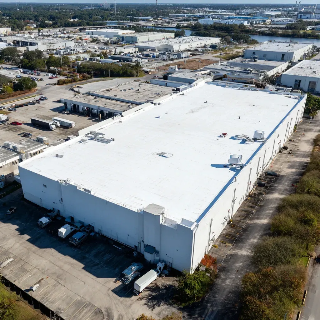 Commercial roof sealing in Tampa FL with cool roof technology and reflectivity rating above 85%.