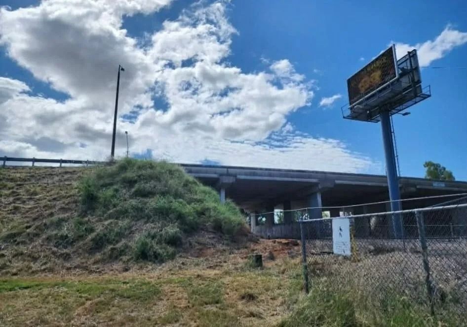 Grassy Roadside Embankment, With a Billboard and Fence in the Foreground — Barlows Tree Services in Rockhampton, QLD