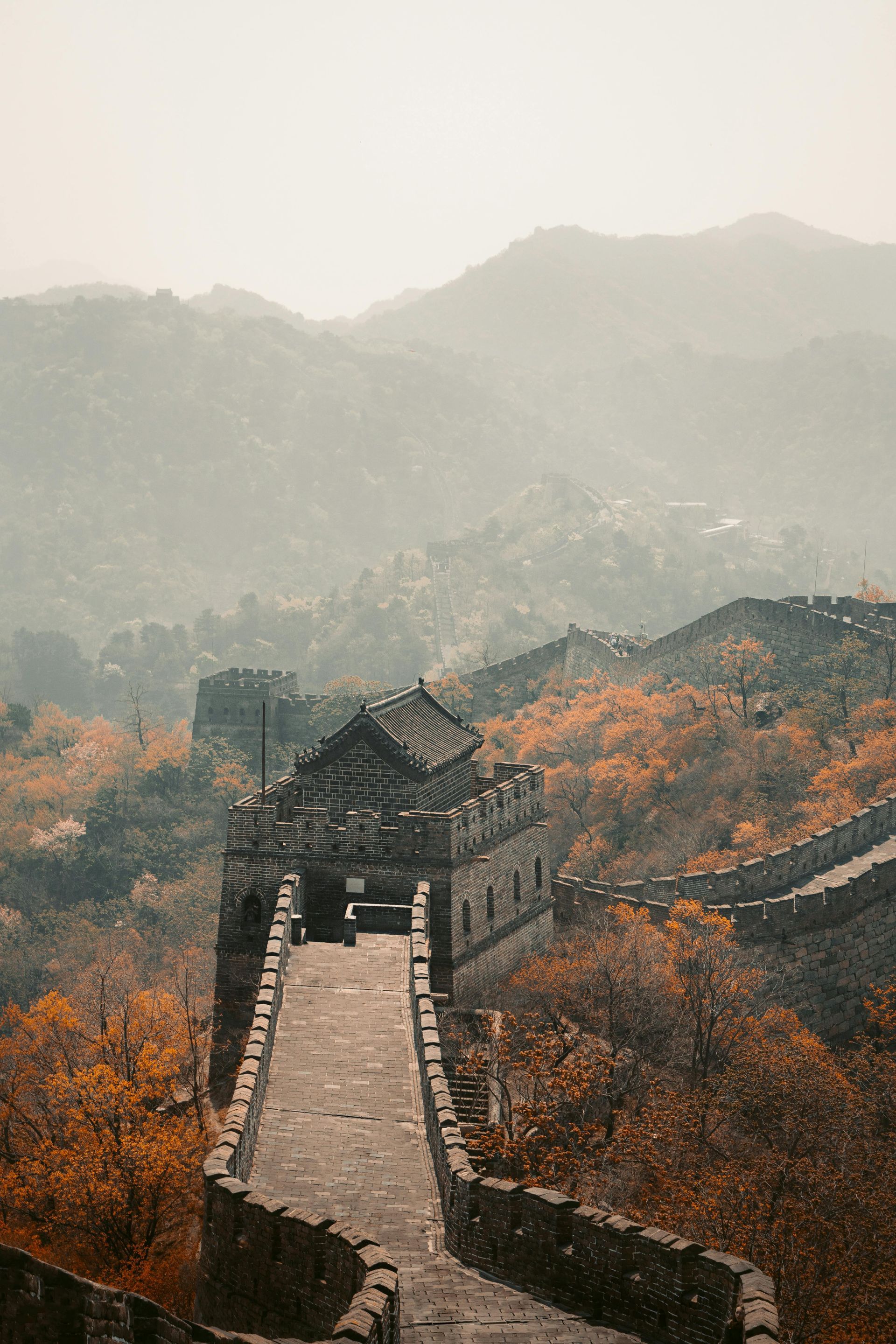The great wall of china is surrounded by mountains and trees.