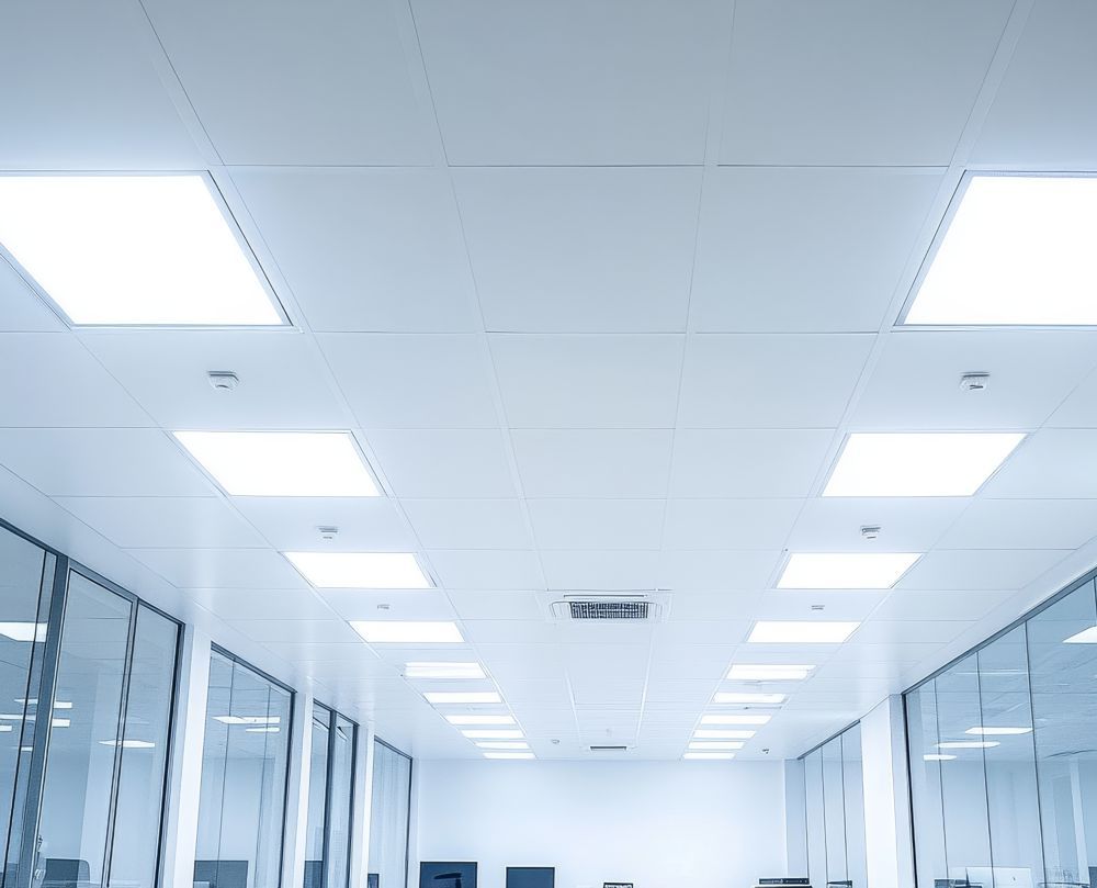 White office ceiling with recessed square lights, in a long hallway with glass walls.