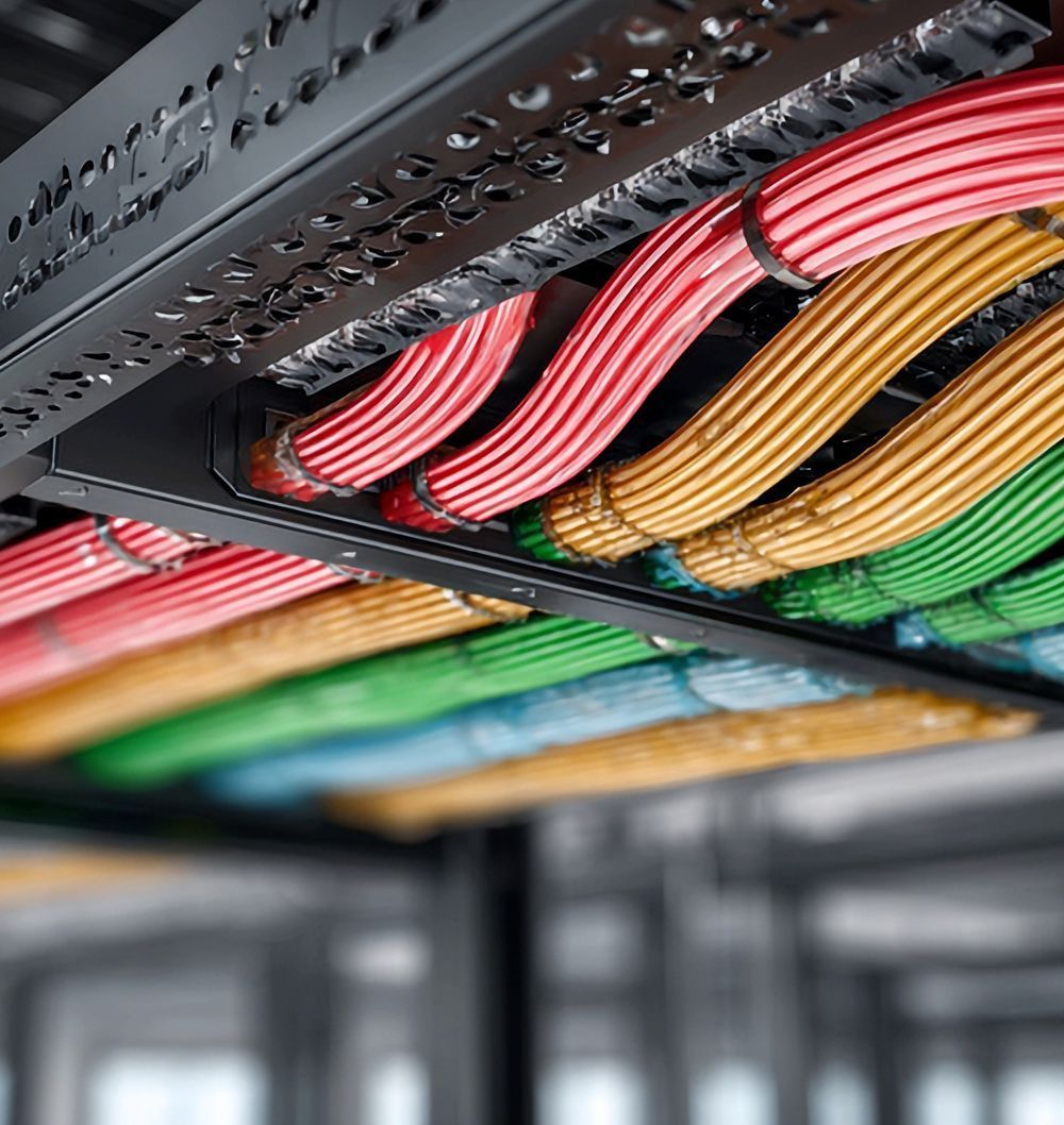 Colorful network cables arranged in a rack.