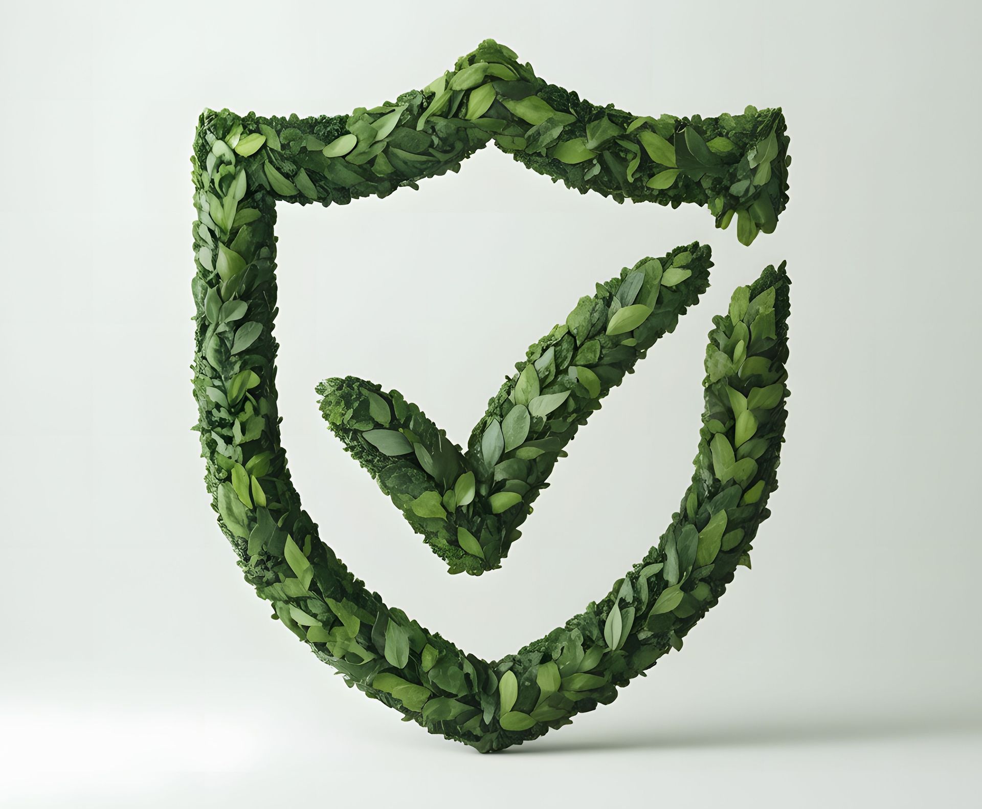 Green leaves shaped into a shield with a check mark, on a white background.
