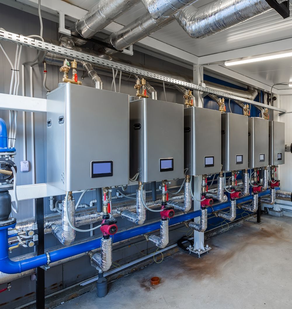 Row of silver boilers with blue and red pipes in an industrial setting.