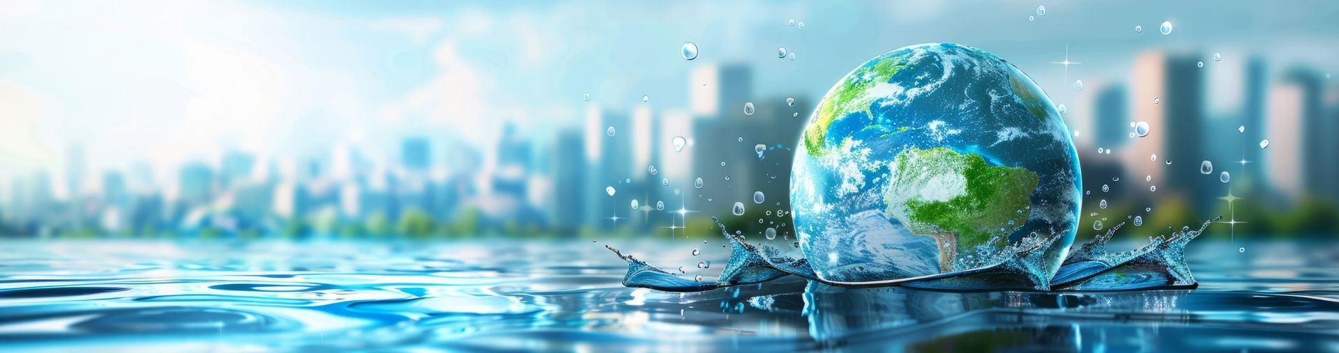 Earth globe splashing into water with city backdrop.