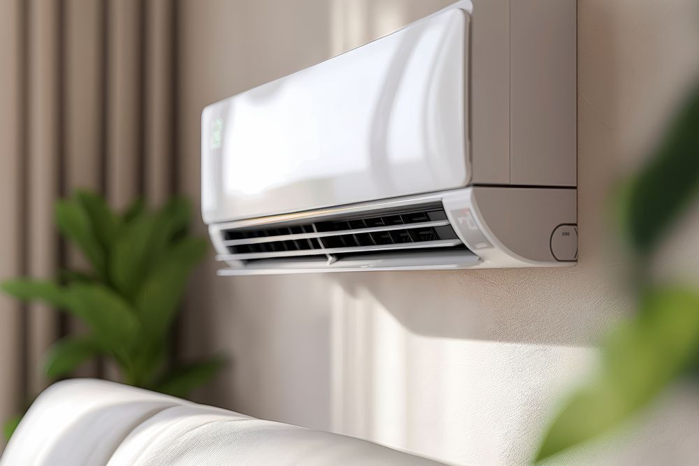 White wall-mounted air conditioner blowing air indoors; beige wall, blurry potted plant in the foreground.