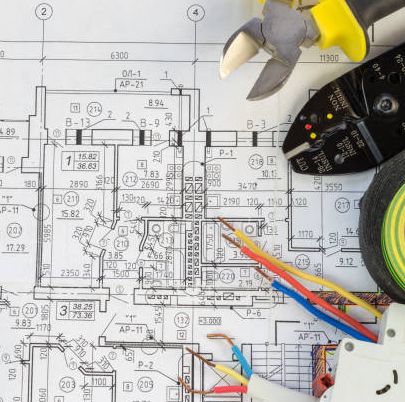 Electrical blueprint with tools including pliers, wire stripper, wires, and tape.