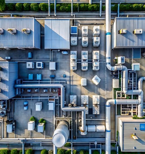 Overhead view of a building rooftop with HVAC units, pipes, and vents.