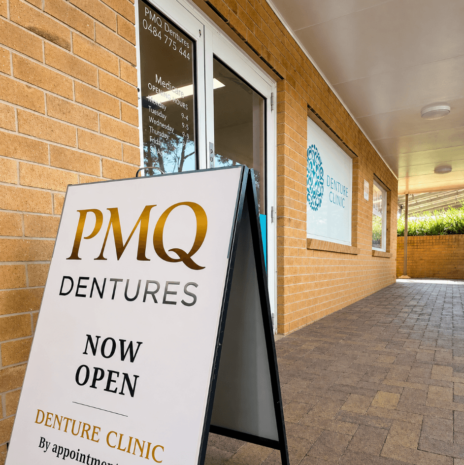 PMQ Dentures sidewalk sign outside a brick dental clinic, announcing 
