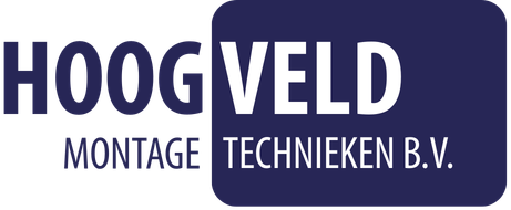 Logo for Hoogveld Montage Technieken B.V., with text in white and dark blue.
