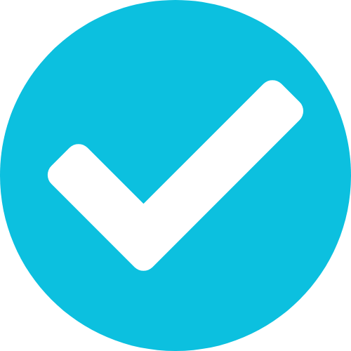 Een wit vinkje in een lichtblauwe cirkel.