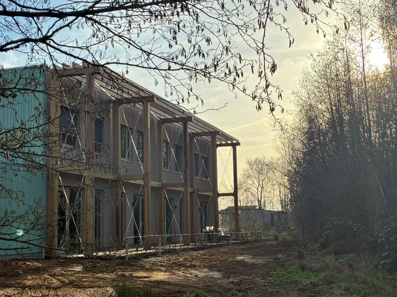 Een persoon werkt op het platte, zwarte dak van een carport. Donkere metalen steunbalken, houten lambrisering, groen gras.