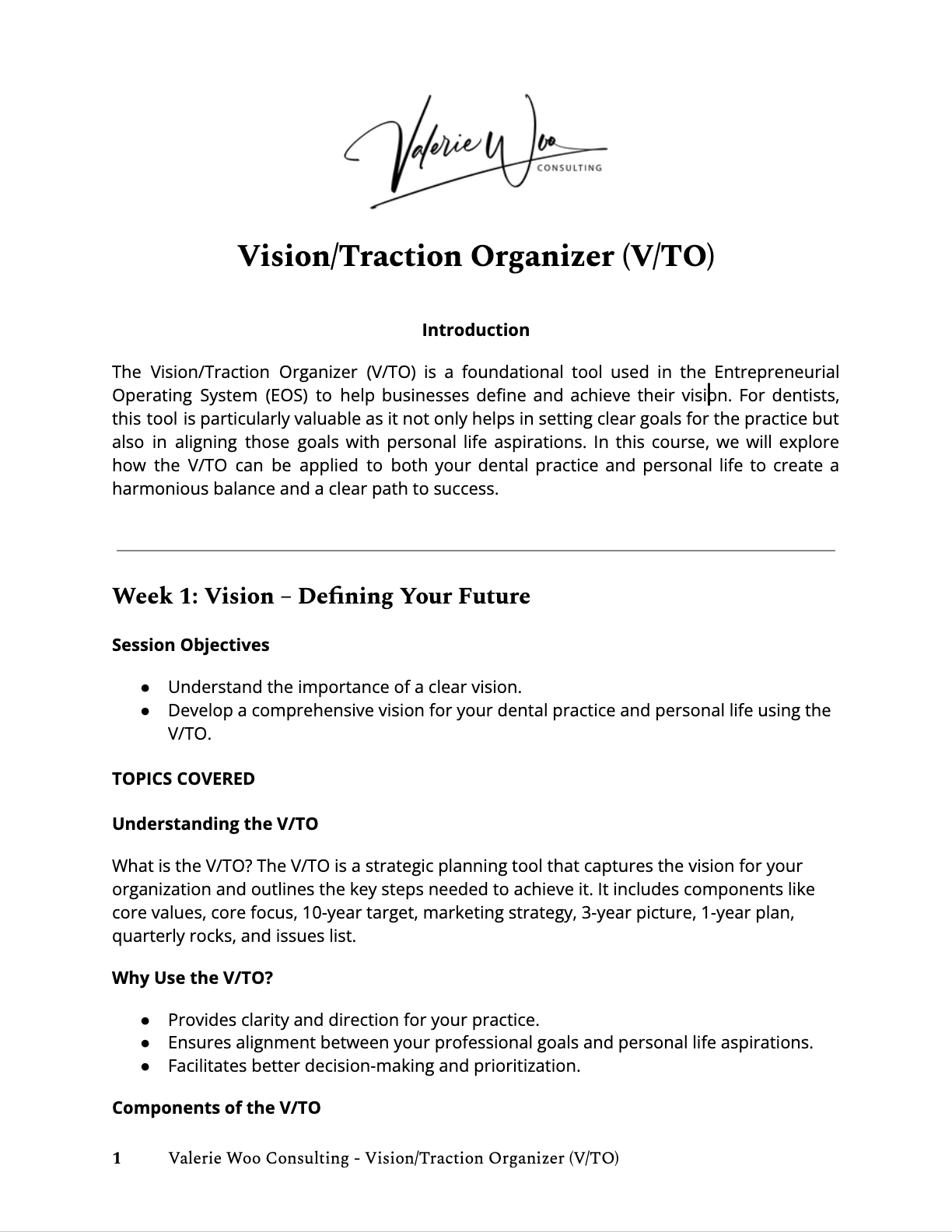 Vision/Traction Organizer (V/TO) document: Defining your focus. Includes instructions, topic details, and considerations.