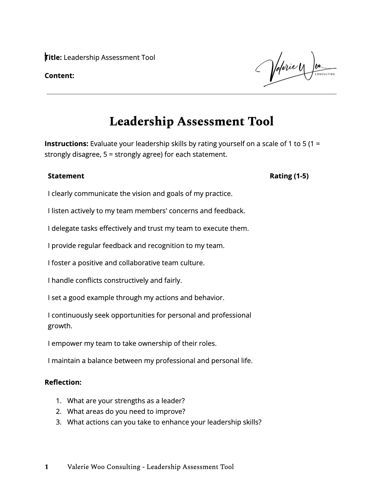 Leadership assessment tool: Questions for self-evaluation; includes instructions and signature.