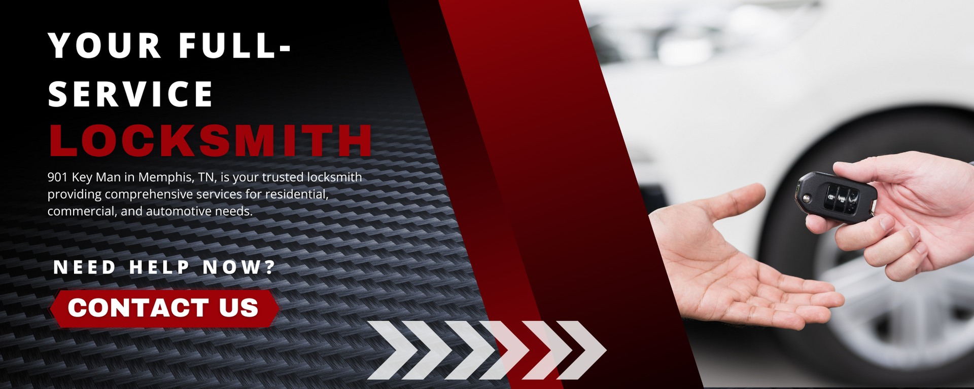 Locksmith ad with key fob and hand, black and red design, “Contact Us” call to action